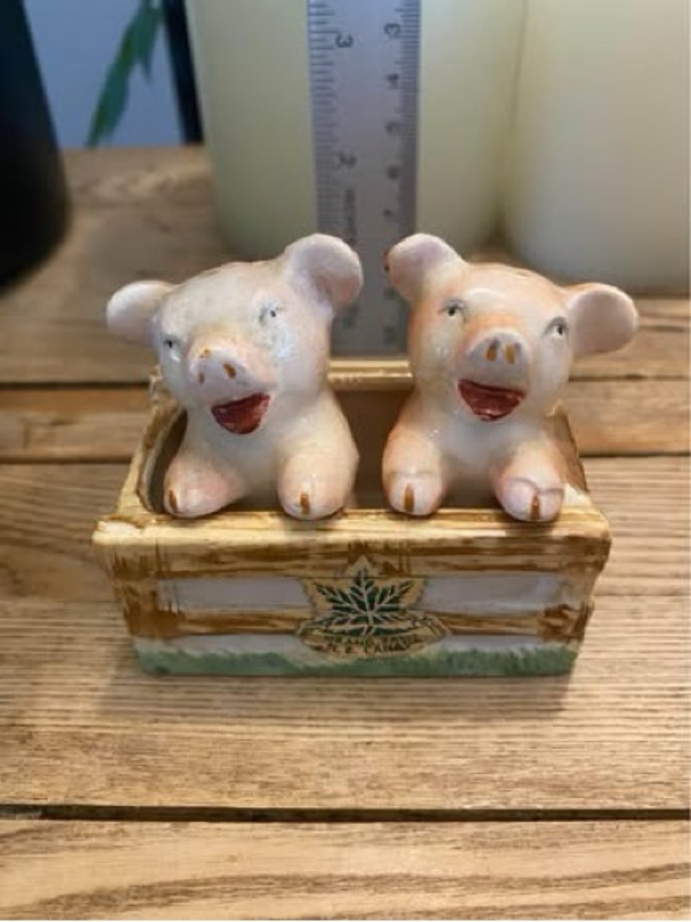 Vintage Made in Occupied Japan Pig Salt & Pepper Shakers in Pen Crate Base